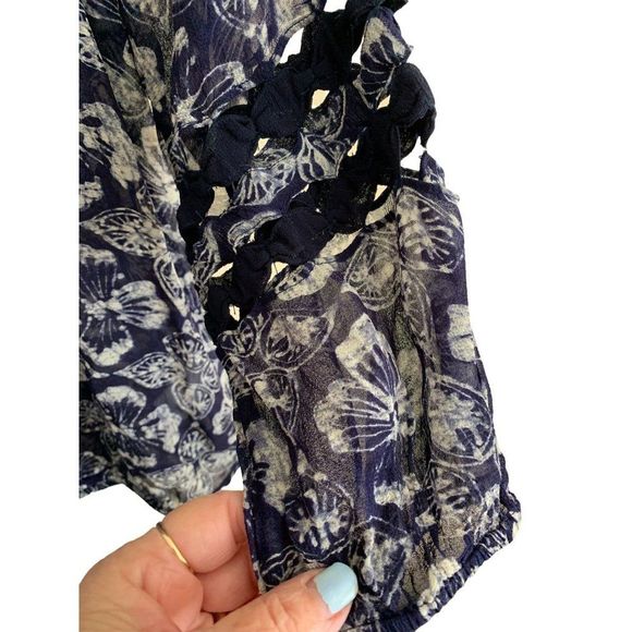 Lucky Brand Women's Size Small Estelle Printed Top Boho Sheer Trim Mid Sleeve - Picture 11 of 11